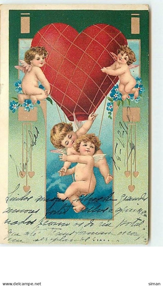 N°9649 - Carte Fantaisie - Angelots Et Coeur Montgolfière - Valentijnsdag