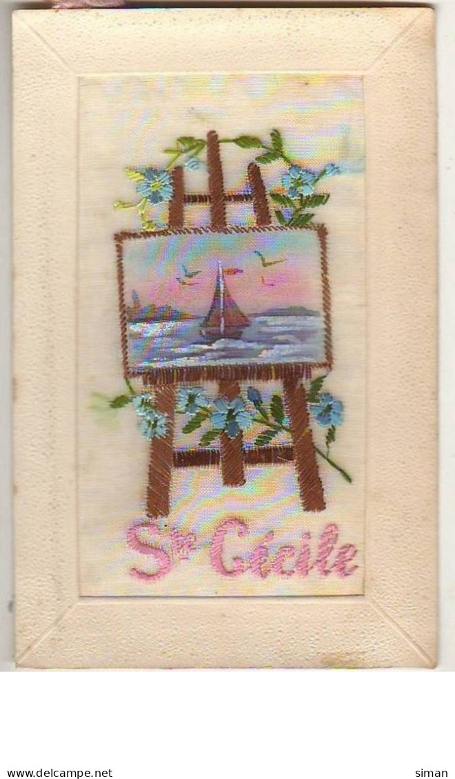 N°9602 - Carte Brodée - Sainte Cécile - Chevalet Avec Un Paysage Marin - Embroidered