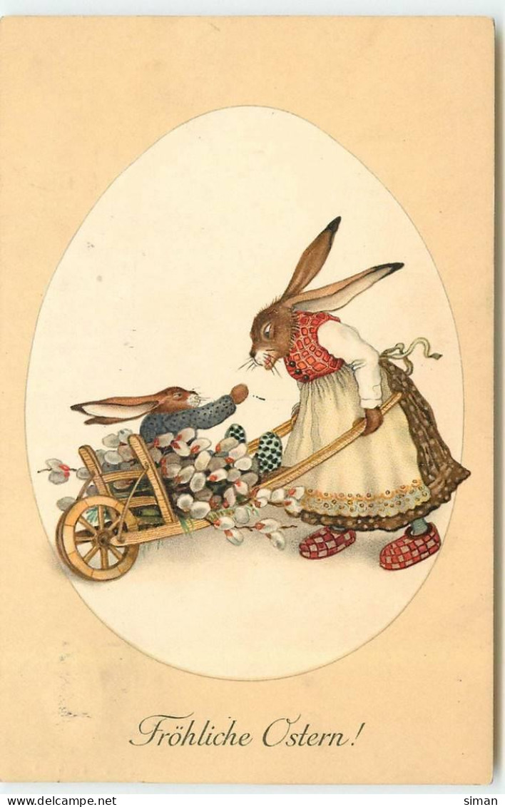 N°16010 - MM Vienne N°845 - Fröhliche Ostern - Lièvres Habillés, La Maman Poussant Son Petit Dans Une Brouette - Easter