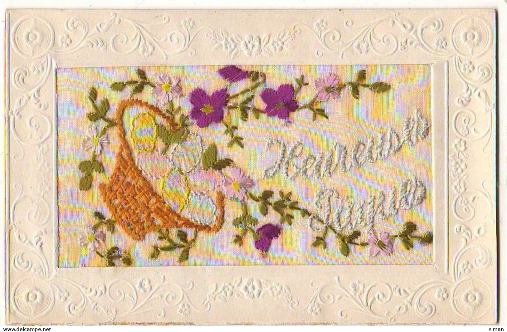 N°14811 - Carte Brodée - Heureuses Pâques - Panier Rempli D'oeufs - Embroidered