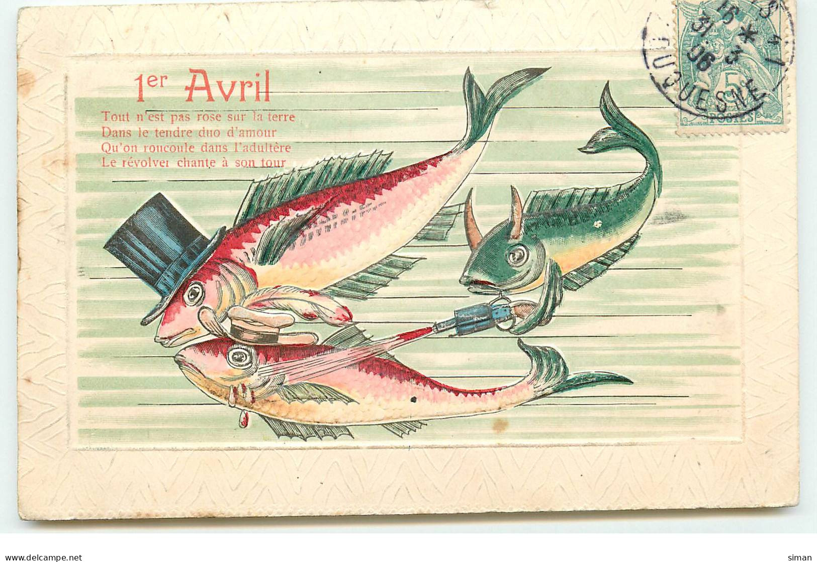 N°17274 - Carte Gaufrée - 1er Avril  - Tout N'est Pas Rose Sur La Terre .... - Un Poisson Tirant Sur D'autres Poissons - 1er Avril - Poisson D'avril