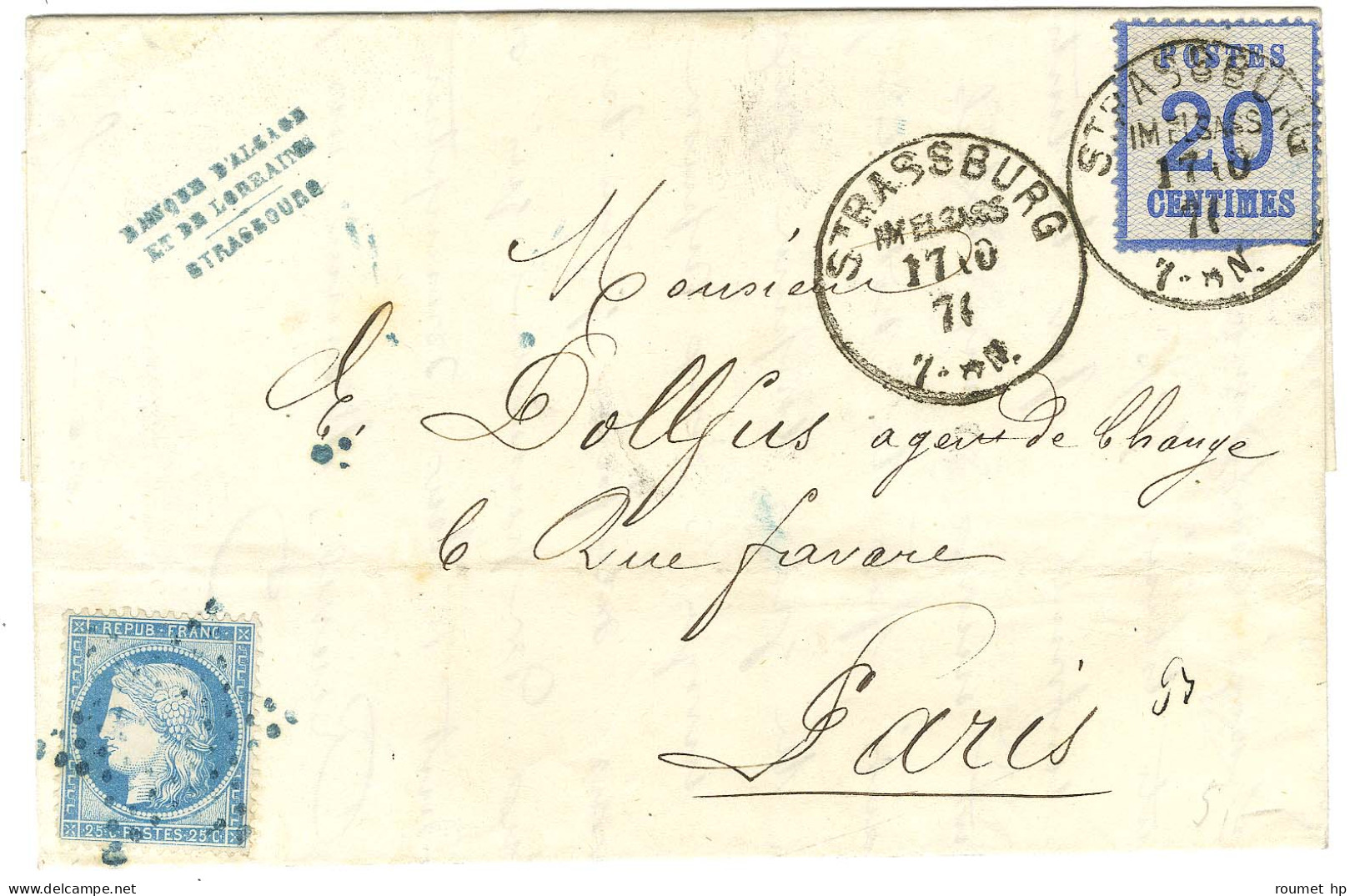 Càd STRASSBURG / Als. N° 6 + étoile évidée Bleue / N° 60 Sur Lettre En Affranchissement Mixte Pour Paris. 1871. - TB / S - Lettres & Documents