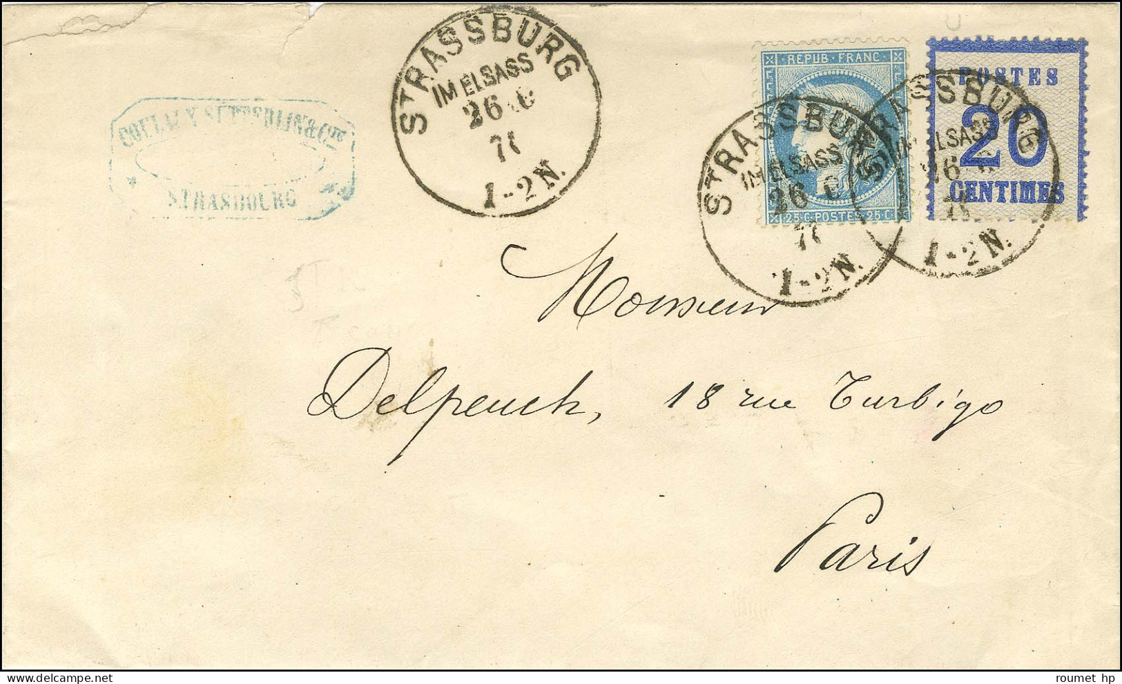 Càd STRASSBURG / Als. N° 6 + N° 60 Sur Lettre En Affranchissement Mixte Pour Paris. 1871. Exceptionnelle Association Du  - Lettres & Documents