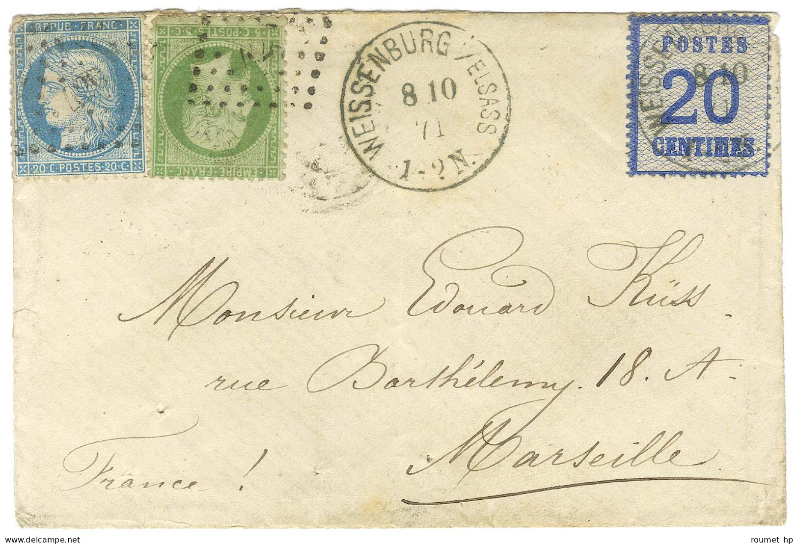 Càd WEISSENBURG / Als. N° 6 + PC Du GC 420 / N° 20 + N° 37 Sur Lettre En Affranchissement Mixte Pour Marseille. 1871. -  - Storia Postale