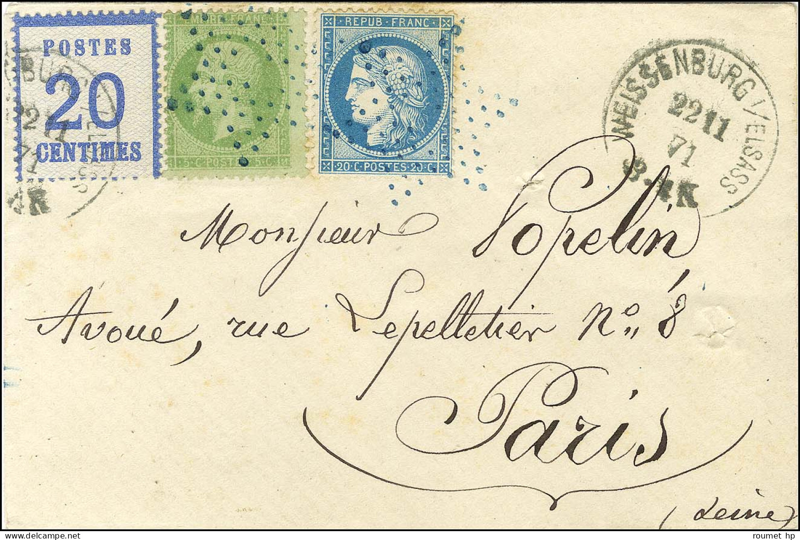 Càd WEISSENBURG / Als. N° 6 + étoile évidée Bleue / N° 20 + N° 37 Sur Lettre En Affranchissement Mixte Pour Paris. 1871. - Briefe U. Dokumente