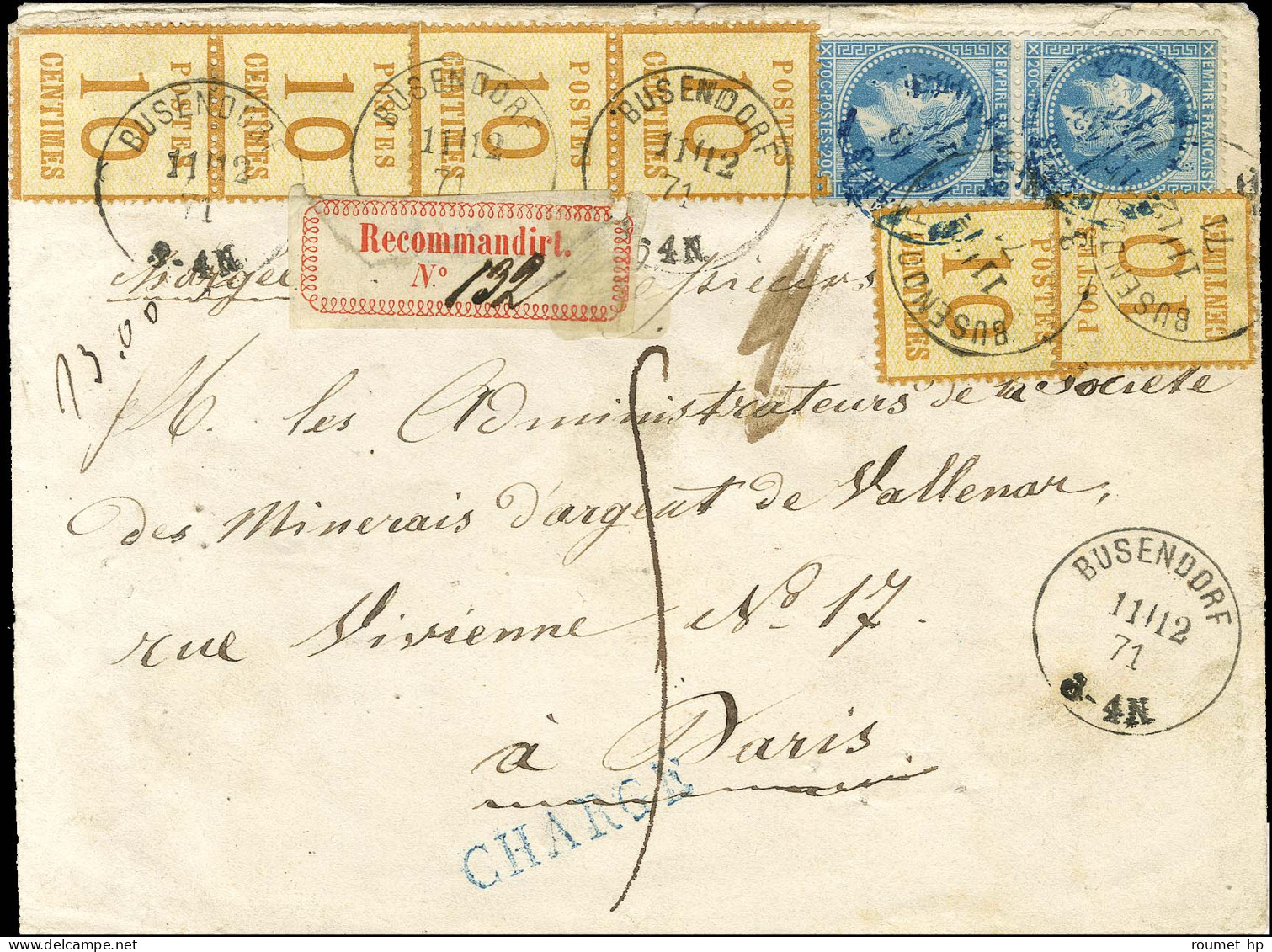 Càd BUSENDORF / Als. N° 5 (2 Paires + 2 Ex) + Càd Bleu PARIS / ETRANGER / N° 29 Paire Sur Enveloppe Chargée (avec Grande - Cartas & Documentos