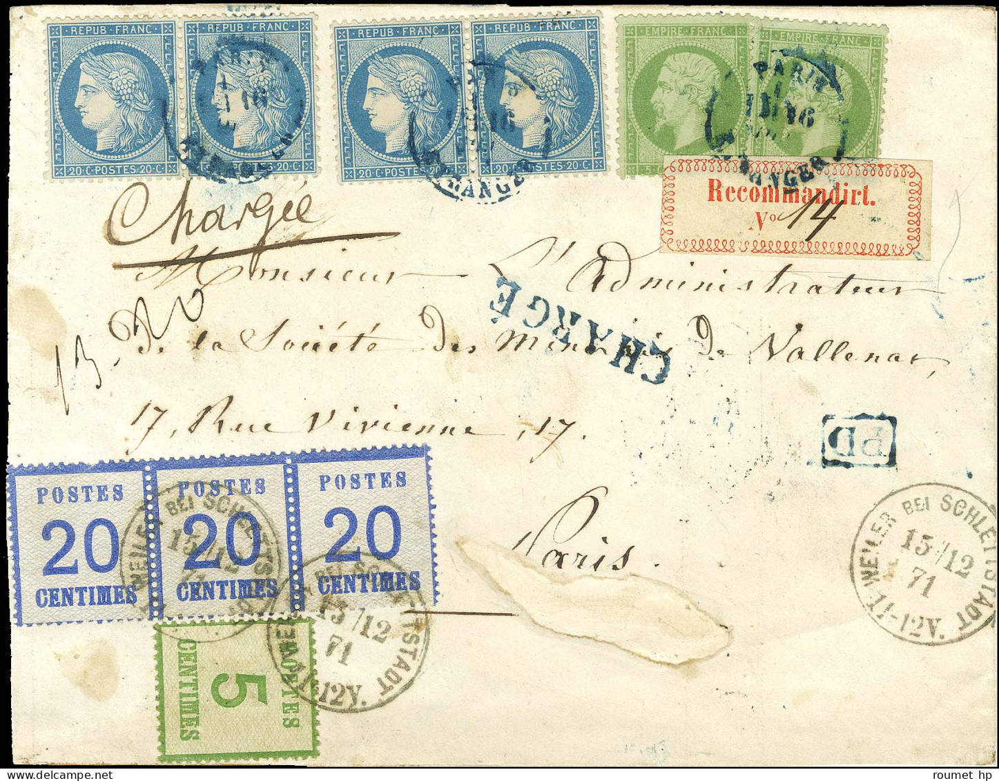 Càd WEILER BEI SCHLETTSTADT / Als. N° 4 + N° 6 (bande De 3) + Càd Bleu PARIS / ETRANGER / N° 20 (2) + N° 37 (2 Paires) S - Storia Postale