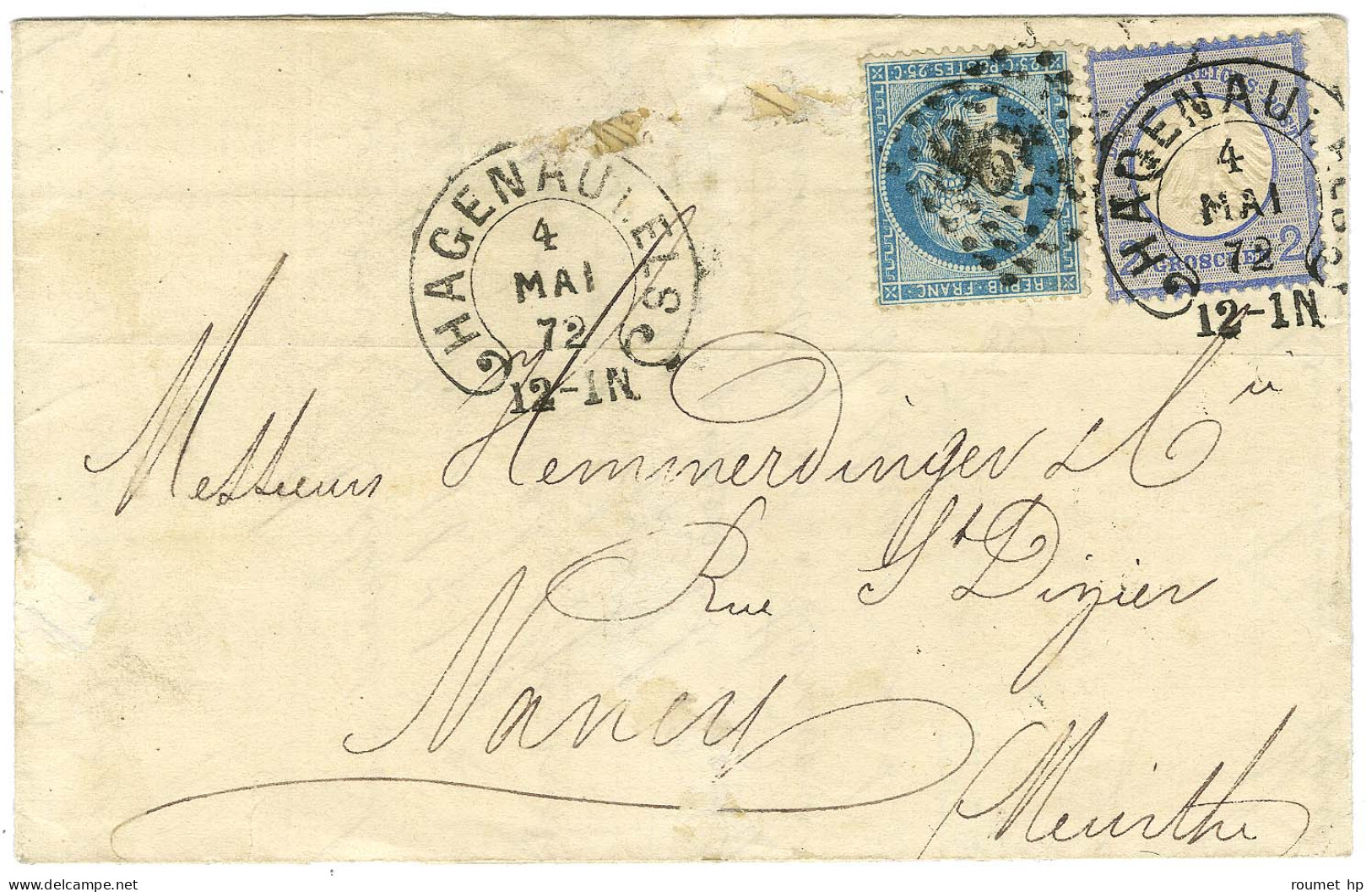 Cachet Fer à Cheval HAGENAU / TP All 2 Groschen + GC 2598 / N° 60 Sur Lettre En Affranchissement Mixte Pour Nancy. 1872. - Lettres & Documents