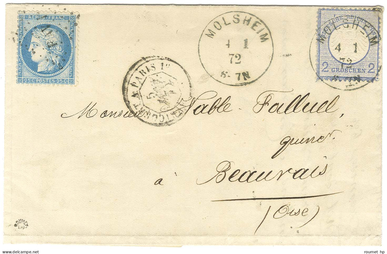 Càd MOLSHEIM / TP All 2 Groschen + Losange PAV 1 / N° 60 Sur Lettre En Affranchissement Mixte Pour Beauvais. 1872. - TB  - Briefe U. Dokumente