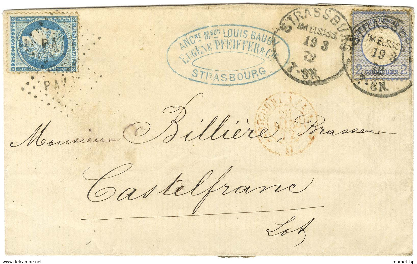 Càd STRASSBURG / TP All 2 Groschen + Losange PAV 1 / N° 37 Sur Lettre En Affranchissement Mixte Pour Castelfranc. 1872.  - Cartas & Documentos