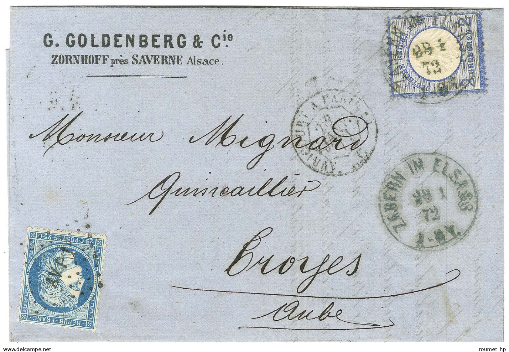 Càd ZABERN Im ELSASS / TP All 2 Groschen + Losange AVP 1 / N° 60 Sur Lettre En Affranchissement Mixte Pour Troyes. 1872. - Cartas & Documentos