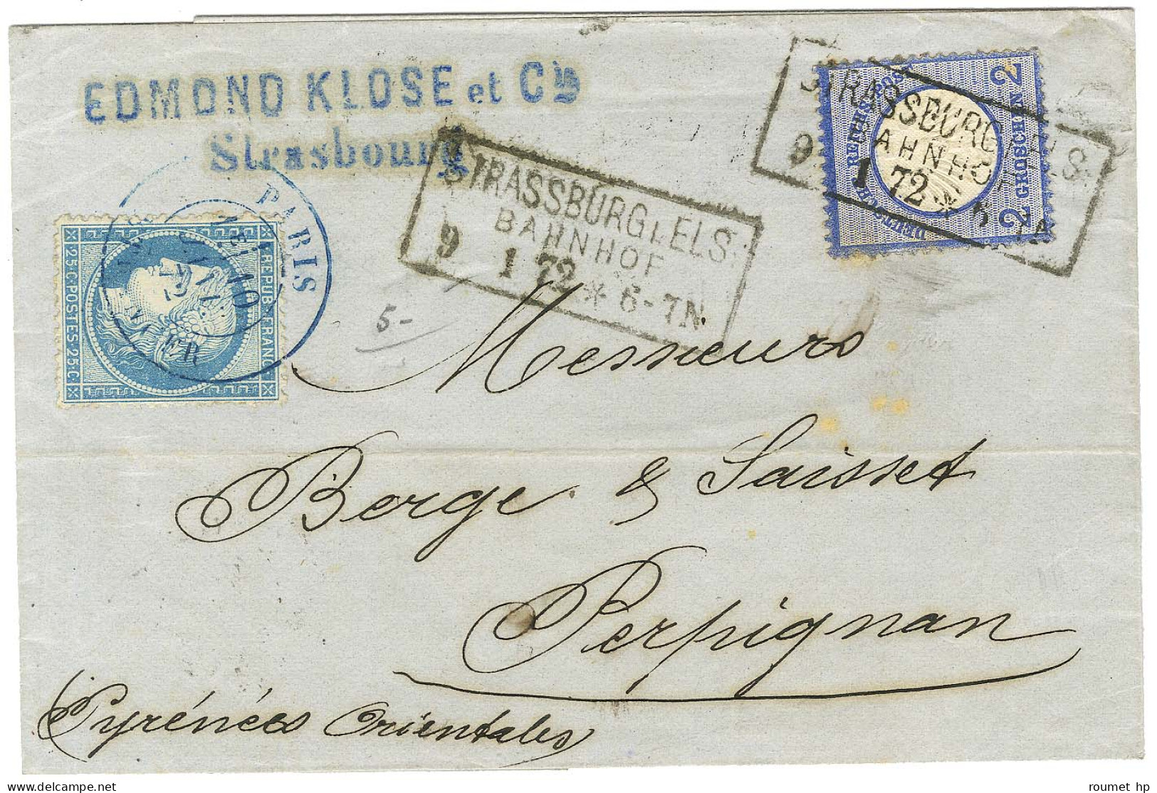 Cachet Encadré STRASSBURG I ELS / BAHNHOF / TP All 2 Groschen + Càd Bleu PARIS / ETRANGER / N° 60 Sur Lettre En Affranch - Brieven En Documenten