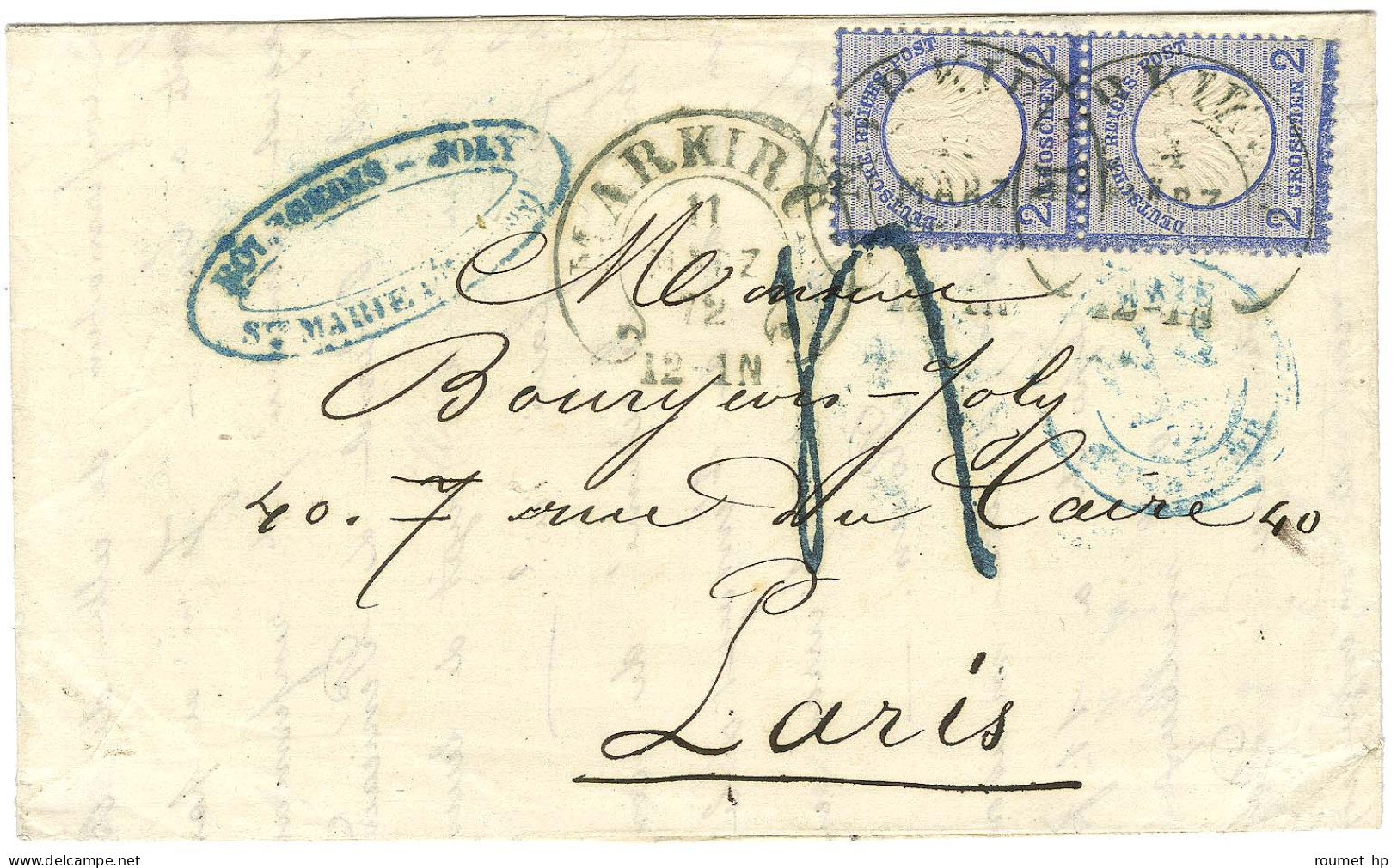 Càd MARKIRCH / TP All 2 Groschen (paire) Sur Lettre 2 Ports Pour Paris, Au Recto Taxe Tampon 4 Bleue. 1872. - TB / SUP.  - Covers & Documents