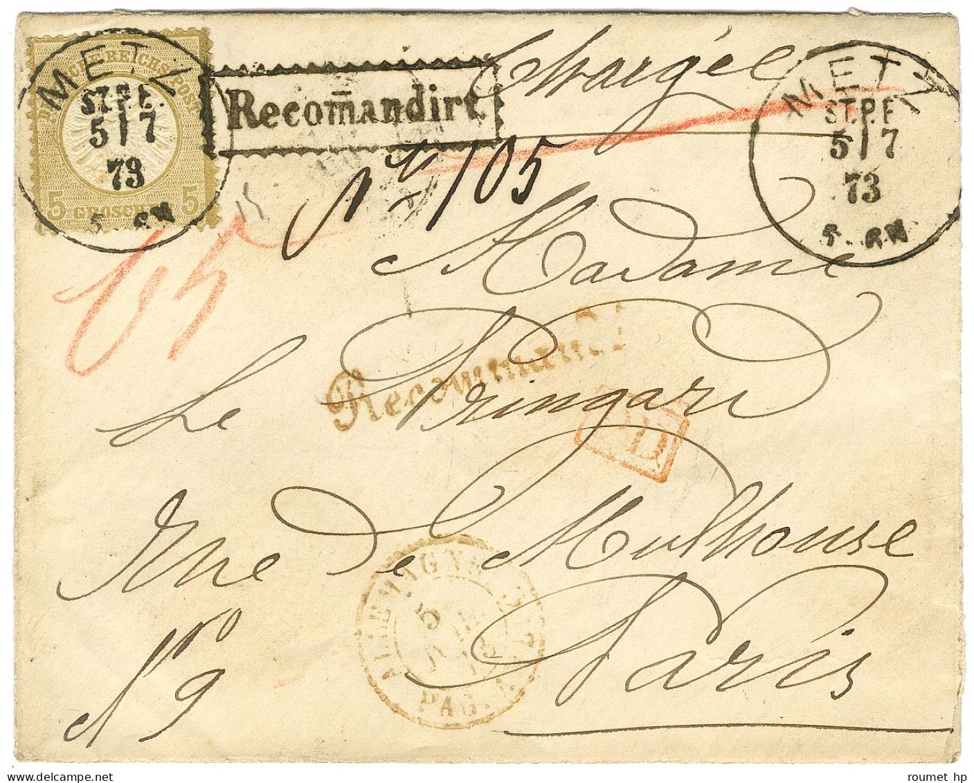 Càd METZ / TP All 5 Groschen Sur Lettre Recommandée Pour Paris. 1873. - SUP. - Briefe U. Dokumente