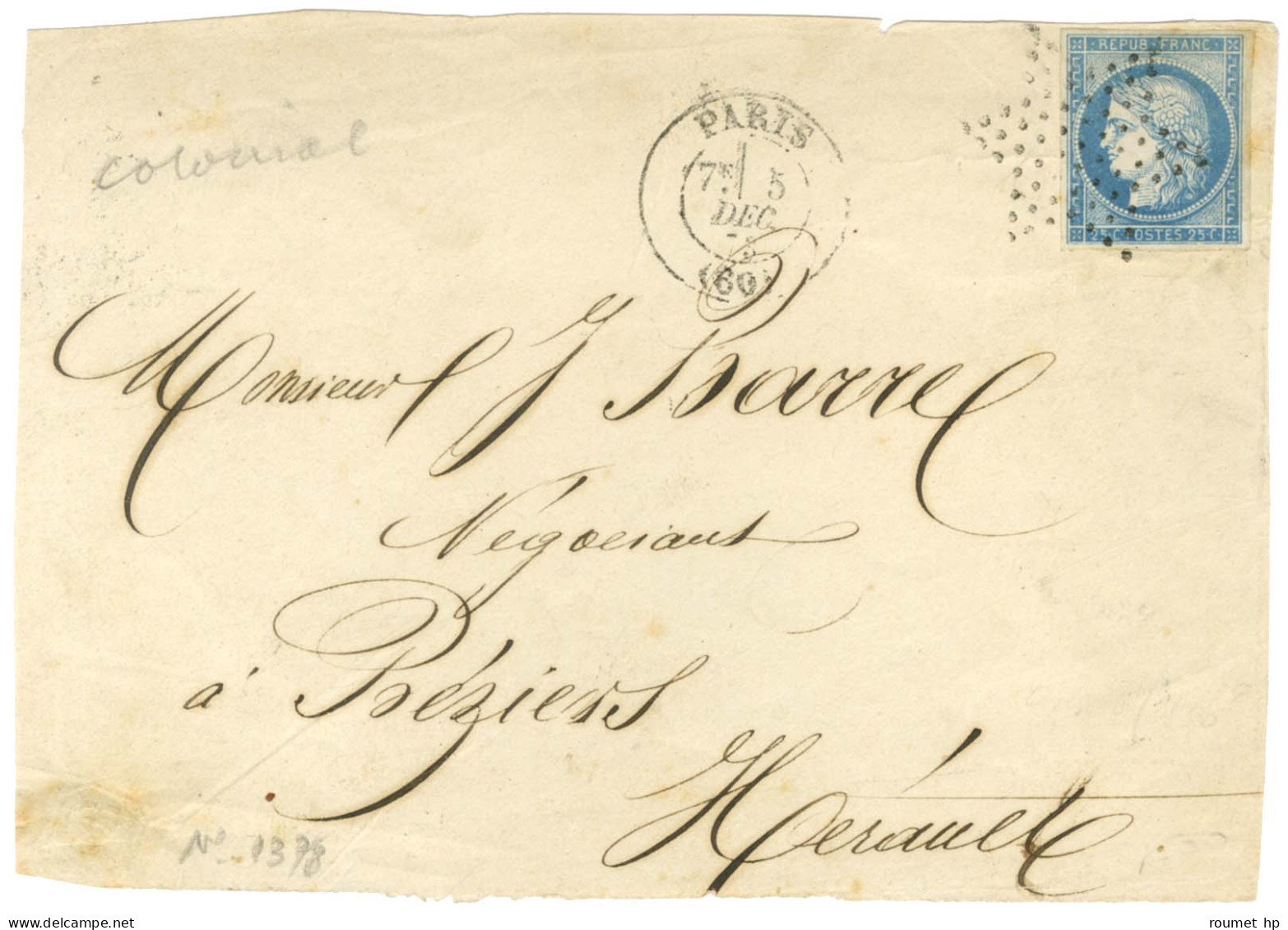 Etoile / CG N° 23 Càd PARIS (60) Sur Lettre Pour Béziers. Rare Usage D'un Timbre De Colonies Générales En Métropole. - T - Maritime Post
