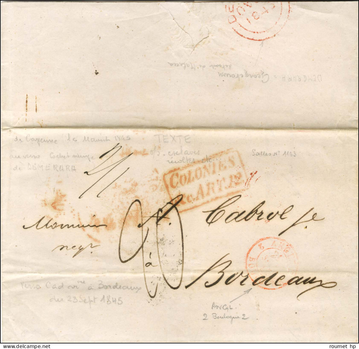 Lettre Avec Texte Daté De Cayenne Le 1 Août 1845 Pour Bordeaux, Au Recto Marque D'échange Encadrée Rouge COLONIES / ART. - Poste Maritime