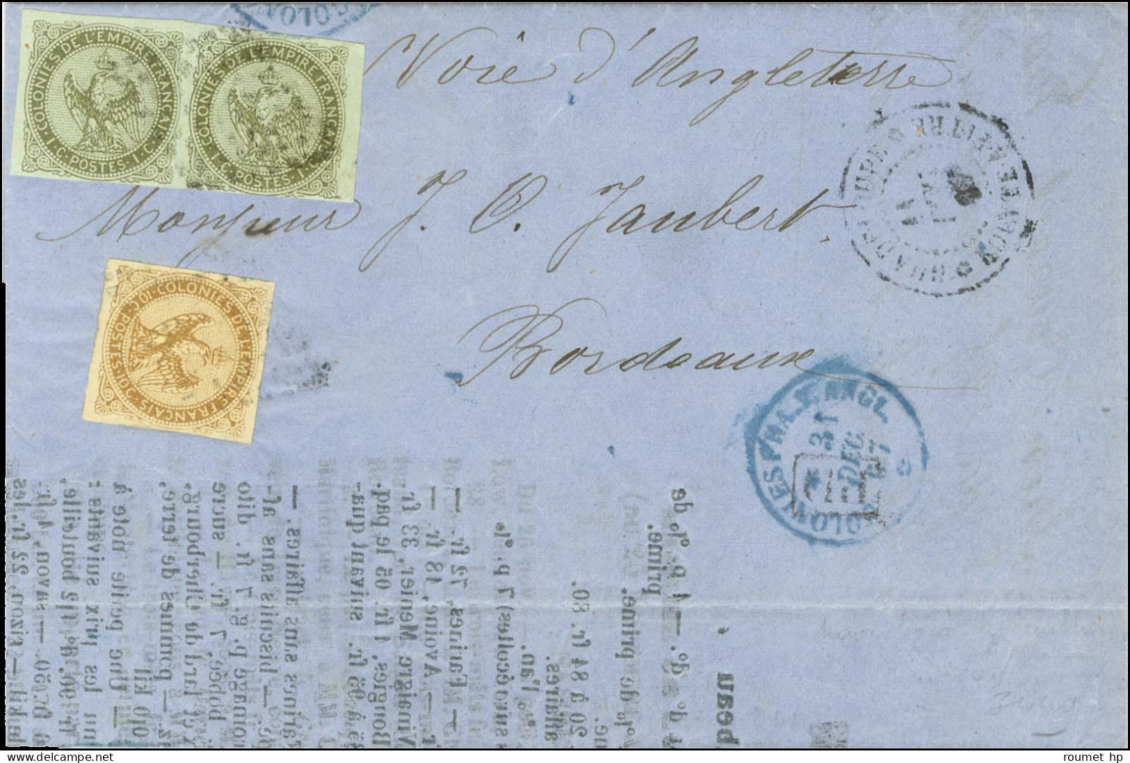 Losange / Col. Gen. N° 1 Paire + 3 Càd GUADELOUPE / POINTE A PITRE Sur Imprimé Complet Pour Bordeaux. 1867. - TB / SUP.  - Maritime Post