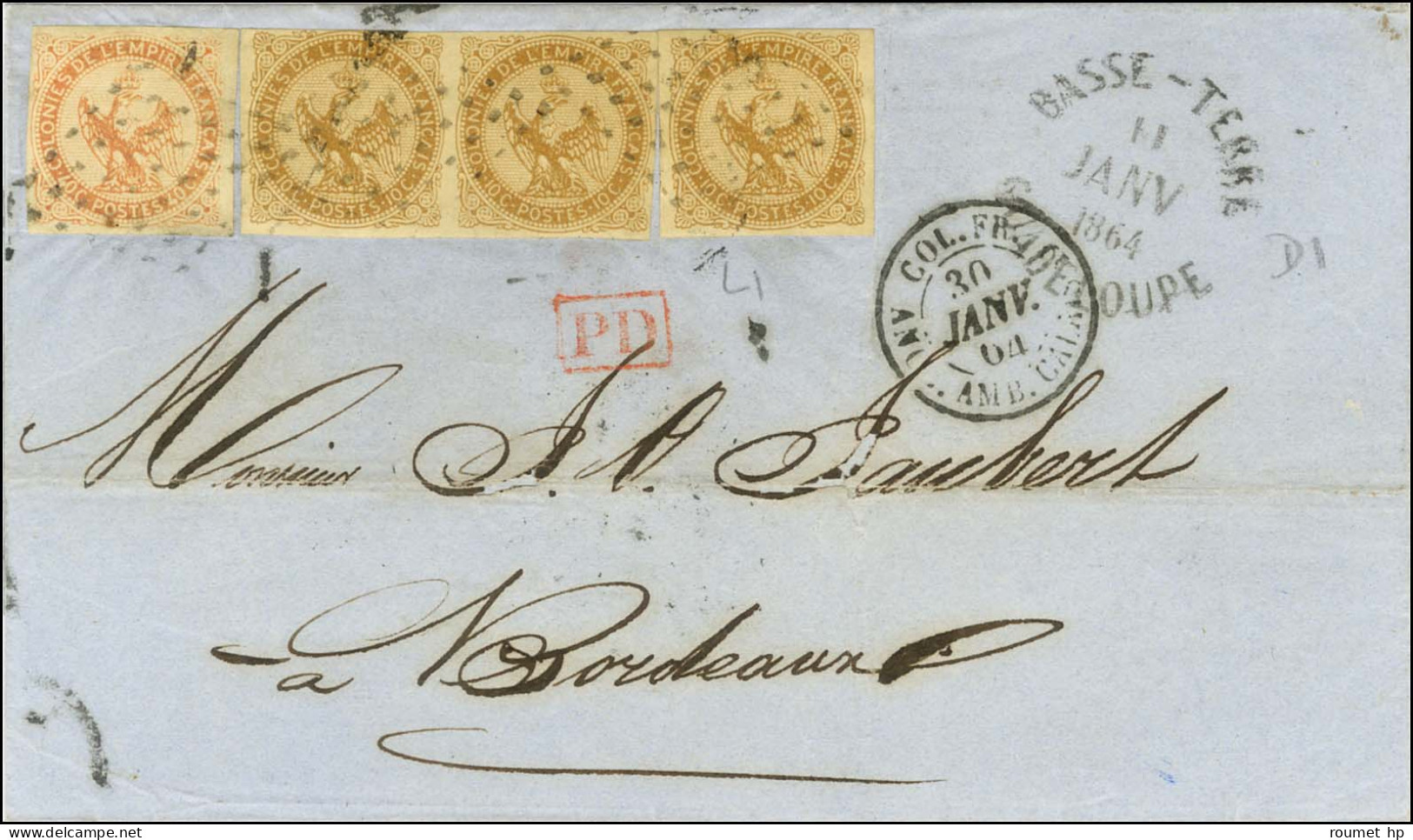 Losange / Col. Gen. N° 3 Paire + 1 Ex + 5 Càd BASSE TERRE / GUADELOUPE Sur Lettre Pour Bordeaux. 1864. - TB / SUP. - R. - Maritime Post