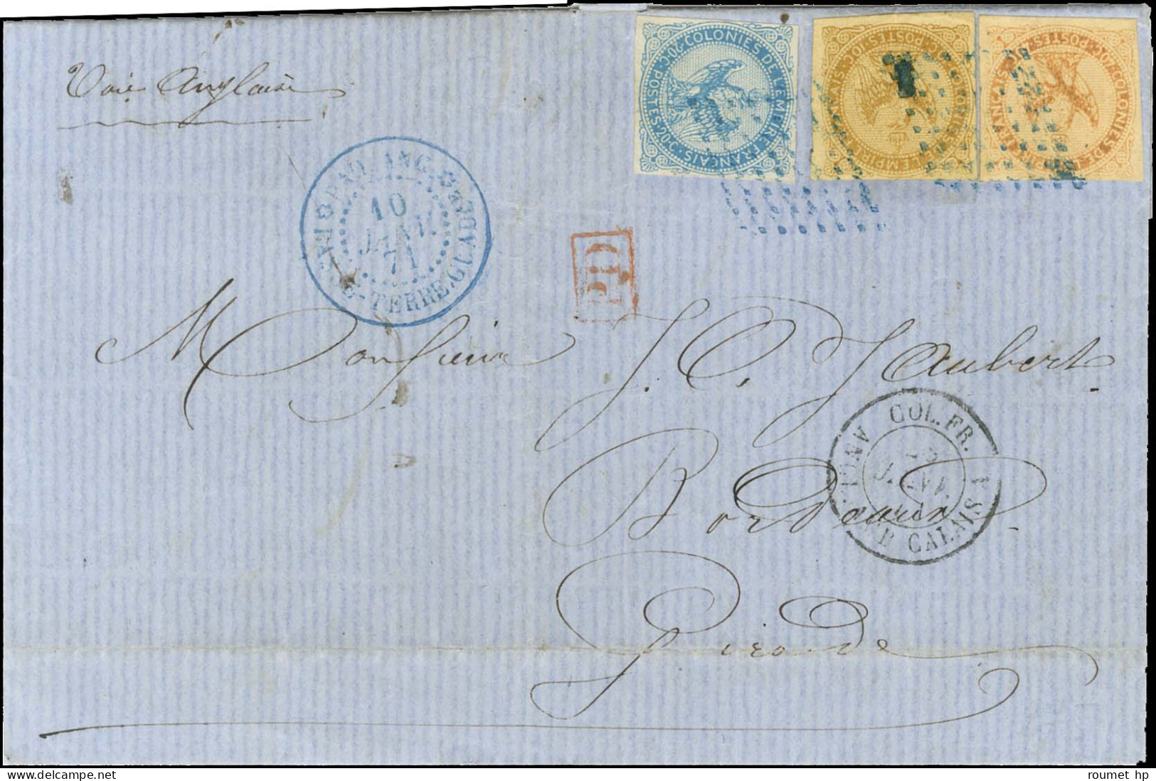 Losange Bleu / Col. Gen. N° 3 + 4 + 5 Càd Bleu PAQ. ANG. / BASSE TERRE GUADe Sur Lettre Avec Texte Pour Bordeaux. 1871.  - Maritime Post