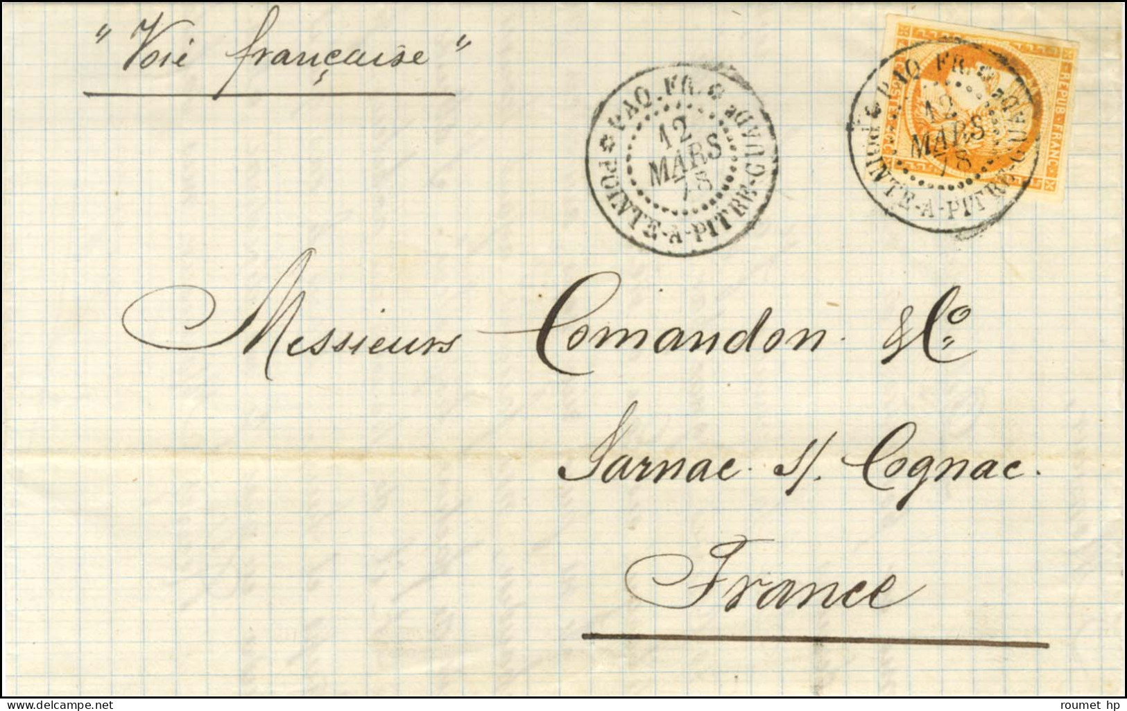 Càd PAQ. FR / POINTE A PITRE GUADe / Col. Gen. N° 13 Sur Lettre Pour Jarnac. 1878. - SUP. - Schiffspost
