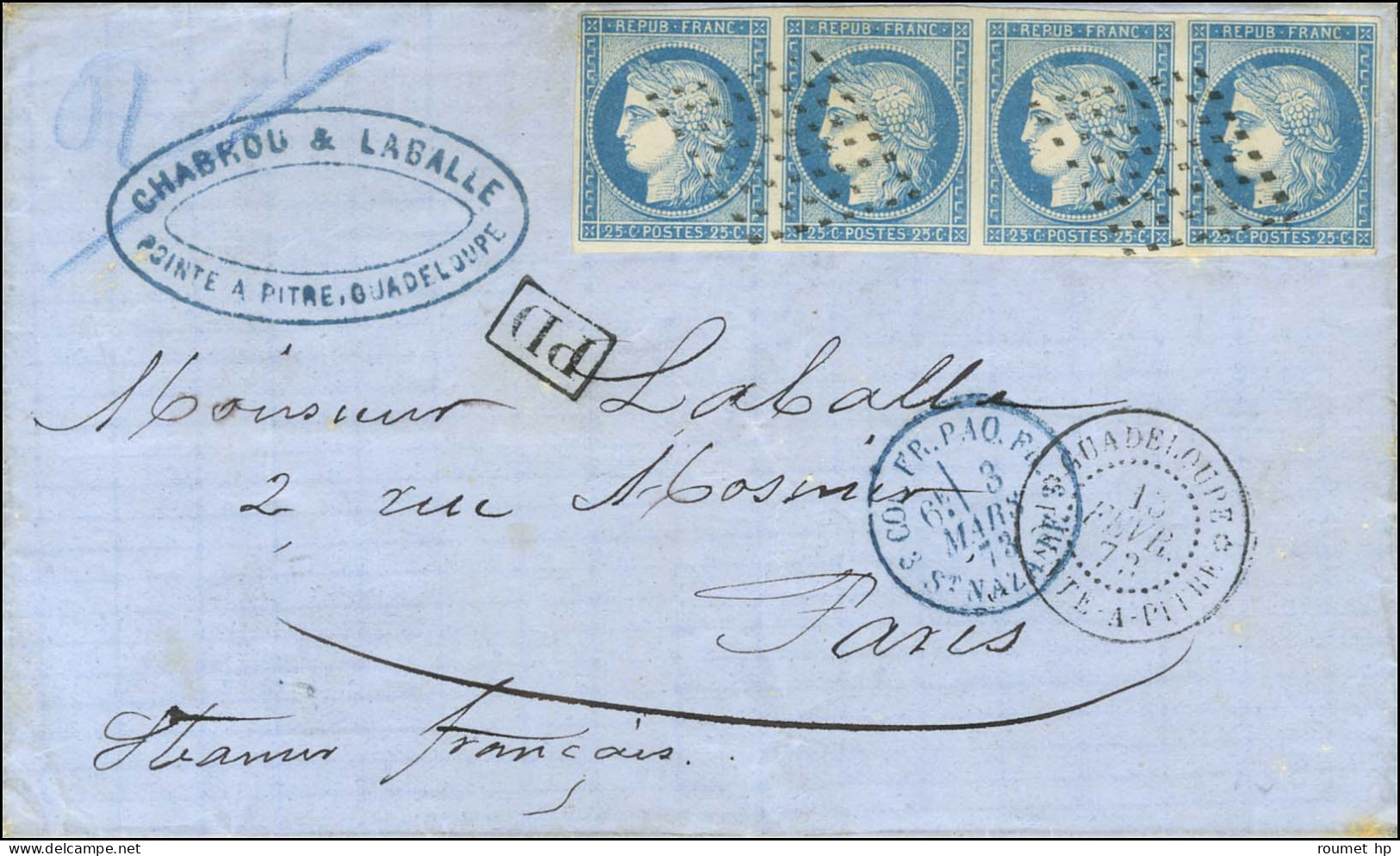 Losange De Points / CG N° 23 Bande De 4 Càd GUADELOUPE / POINTE-A-PITRE Sur Lettre 2 Ports Par La Voie Française. 1873.  - Poste Maritime