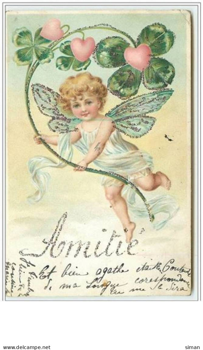 N°2243 - Carte Gaufrée - Amitié - Angelot Trèfle Et Coeurs - Strasses - Angels