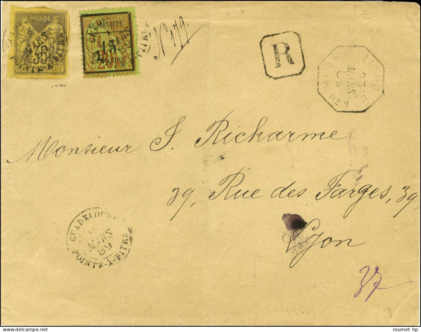 Càd GUADELOUPE / POINTE A PITRE / Col. Gen. N° 45 + 52 Surchargé 15 Sur Lettre Recommandée Pour Lyon. 1889. - TB / SUP.  - Maritime Post