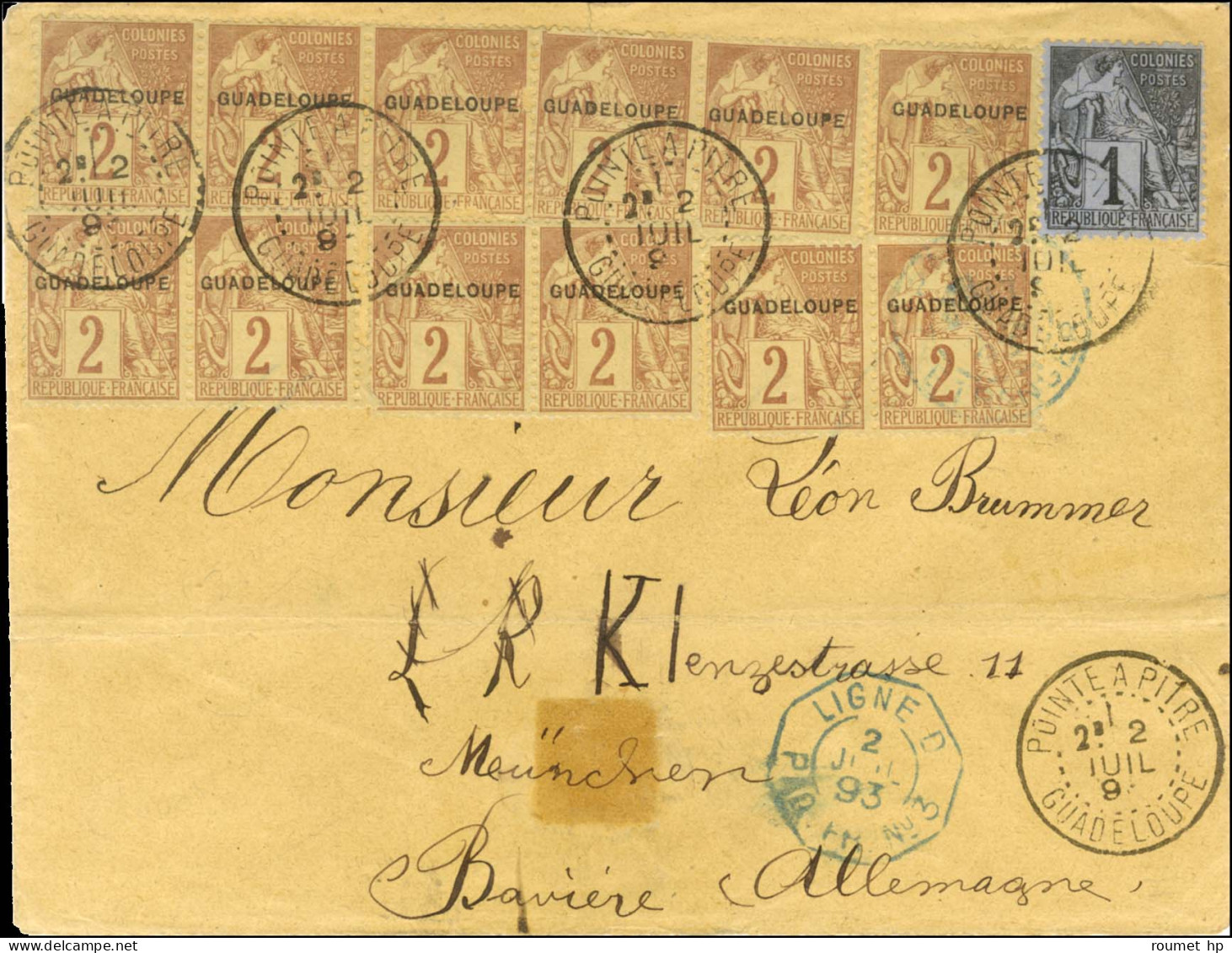 Càd POINTE A PITRE / GUADELOUPE / Col. Gen. N° 46 + 47 Surchargé GUADELOUPE (12 Ex.) Sur Lettre Pour La Bavière. 1893. - - Maritime Post