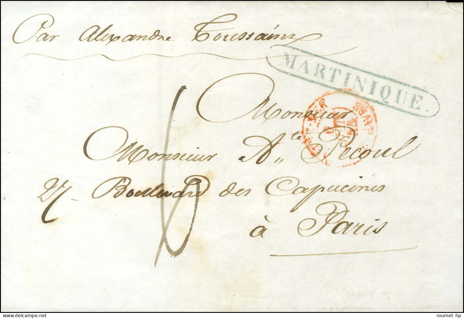 Lettre Avec Texte Daté De St Pierre De La Martinique Le 16 Avril 1844 Pour Paris. Au Recto, Griffe Bleue Encadrée MARTIN - Schiffspost