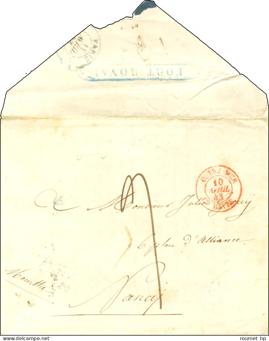 FORT ROYAL Bleu (Jamet N° 2) Au Verso D'une Lettre Avec Texte Daté Du 28 Février 1843 Pour Nancy, Au Recto Càd Rouge D'e - Poste Maritime