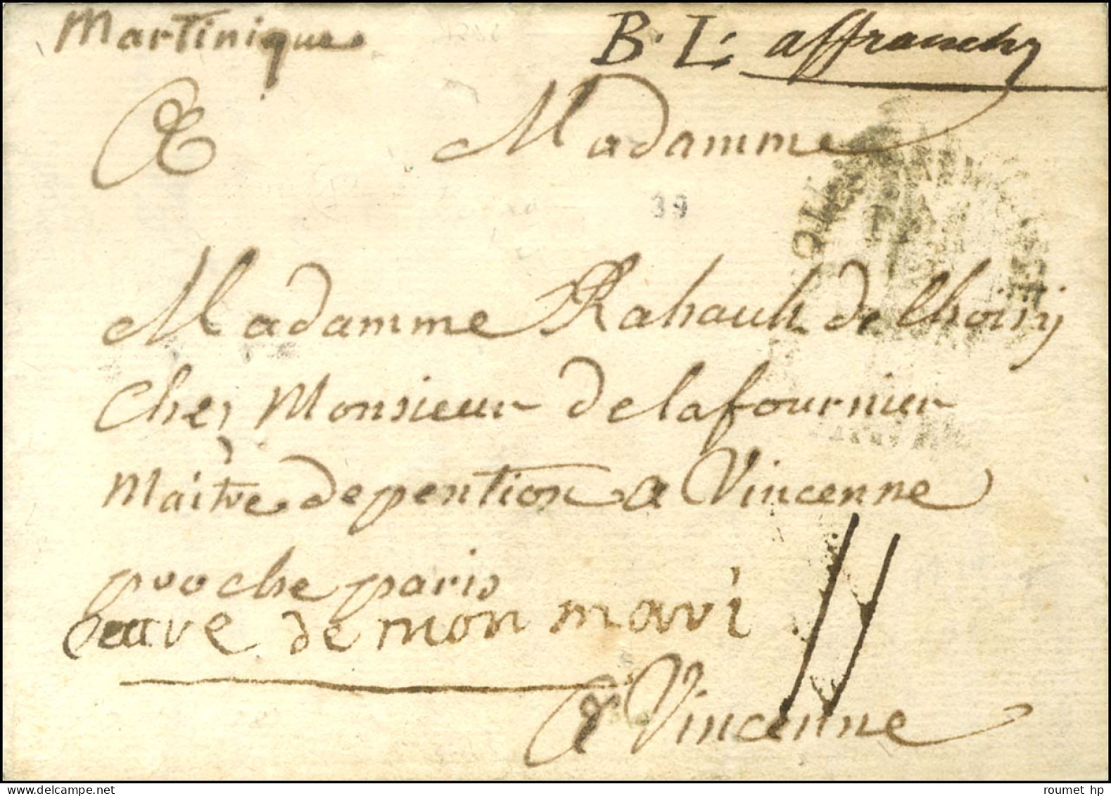 Lettre Avec Texte Daté Au Lamentin Ile Martinique Le 20 Décembre 1787 Pour Vincennes. Au Recto, Très Rare Mention Manusc - Maritime Post