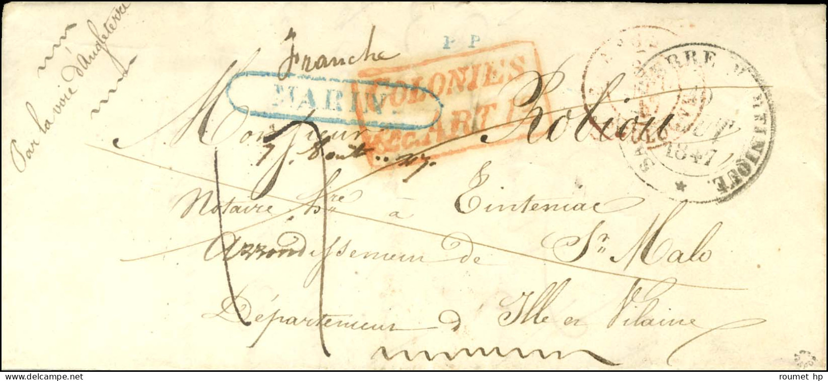 Lettre Avec Texte Daté De Marin Ile Martinique Le 7 Octobre 1847 Pour St Malo. Au Recto, Rarissime Marque Encadrée Bleue - Maritime Post