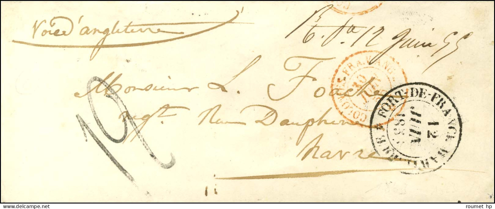 Marque Manuscrite '' R.Pe 12 Juin 55 '' (Rivière Pilote) (J N°1) Sur Enveloppe Pour Le Havre. Au Recto, Càd FORT DE FRAN - Poste Maritime