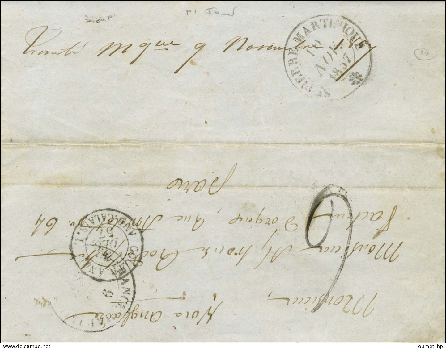 Lettre Avec Texte Daté à La Trinité Le 8 Novembre 1857 Pour Paris. Au Verso, Marque Manuscrite '' Trinité Mque 9 Novembr - Maritieme Post