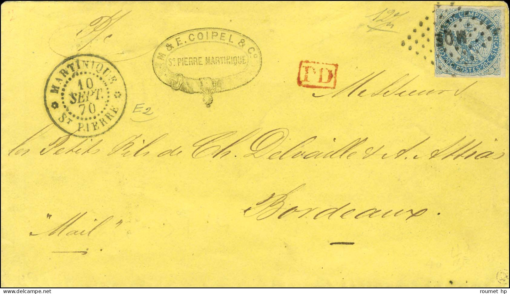 Losange MQE / Col. Gen. N° 4 Càd * MARTINIQUE / ST PIERRE 10 SEPT. 70 Sur Enveloppe Ouverte Double Port Pour Bordeaux. - - Poste Maritime