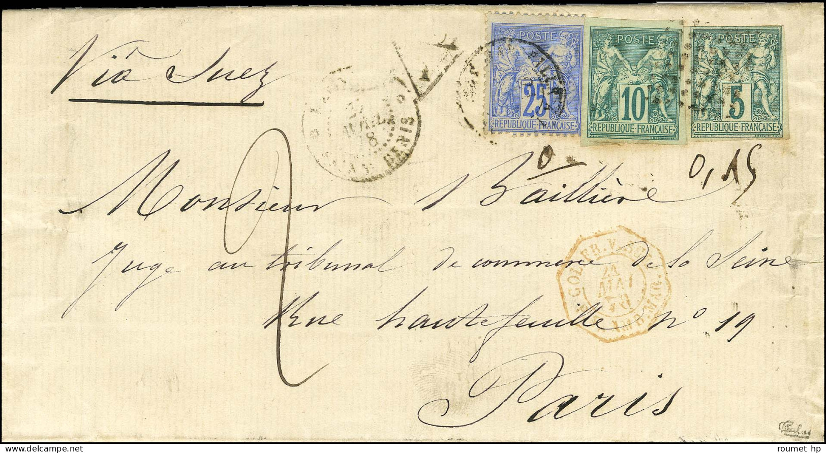 Losange / CG N° 31 + CG N° 32 + France N° 78 Obl Càd Ambulant, à Côté Càd REUNION / ST DENIS Sur Lettre Taxée 2 Pour Par - Poste Maritime