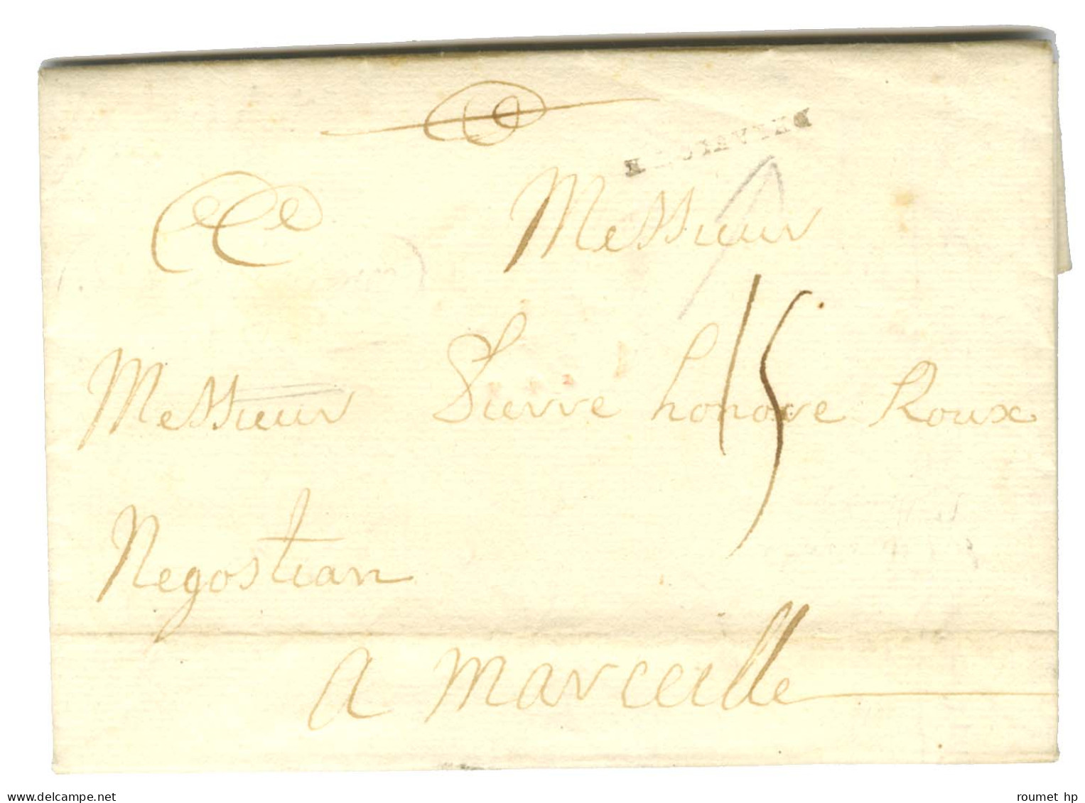 Lettre Avec Texte Daté Du Font De L'Isle à Vache Le 1er Octobre 1752 Pour Marseille. Au Recto, Marque Postale D'entrée D - Marques D'entrées