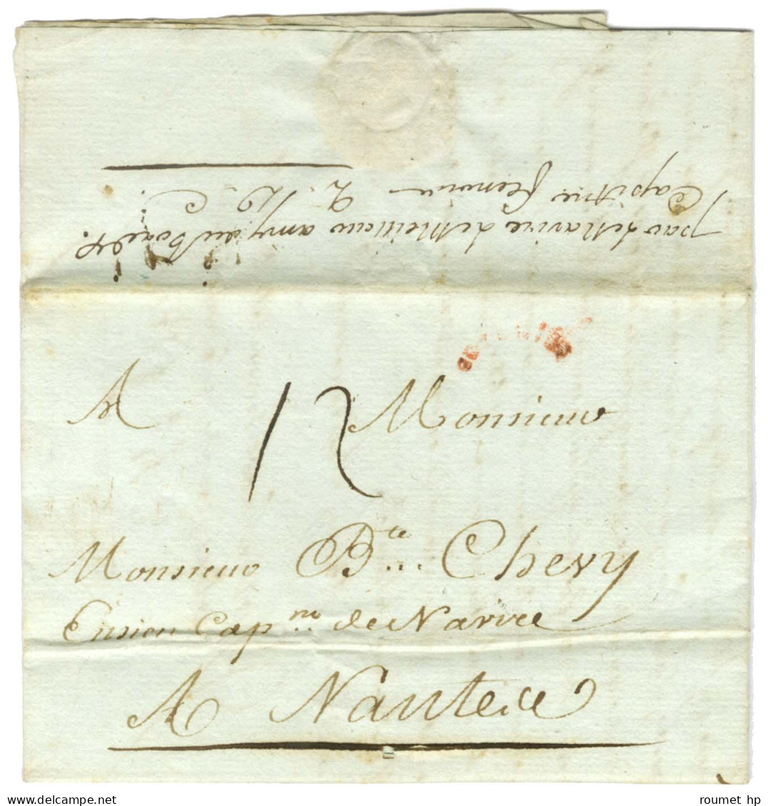 Lettre Avec Texte Daté De 1er Juin 1784 Pour Nantes. Au Recto, Marque Postale D'entrée Rouge Cintrée COLONIES. Au Verso, - Entry Postmarks