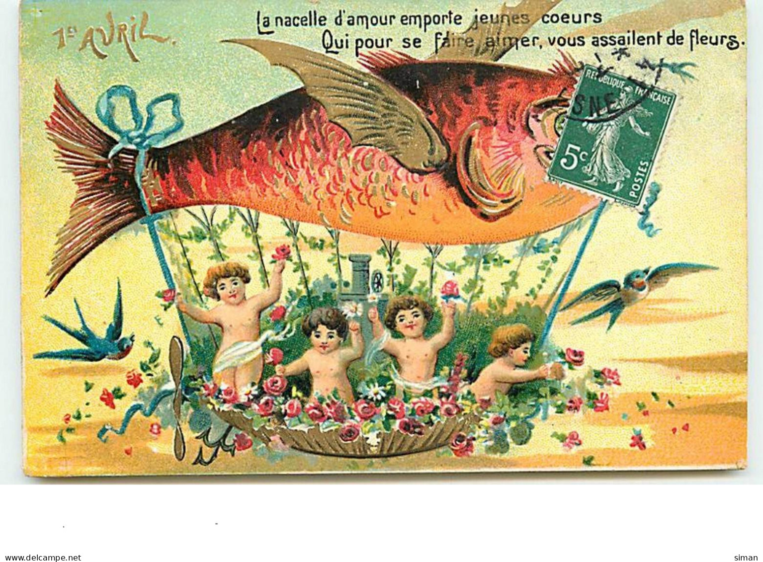 N°12629 - Carte Gaufrée - 1er Avril - La Nacelle D'amour Emporte Jeunes Coeurs ... De Fleurs - 1 De April (pescado De Abril)