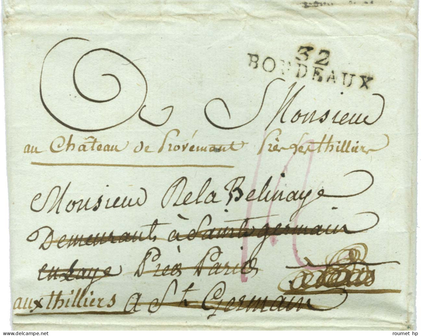 Lettre Avec Texte Daté Du Cap Le 28 Février 1792 Pour Saint Germain En Laye Réexpédiée Au Thilliers. Au Recto, Marque Po - Entry Postmarks