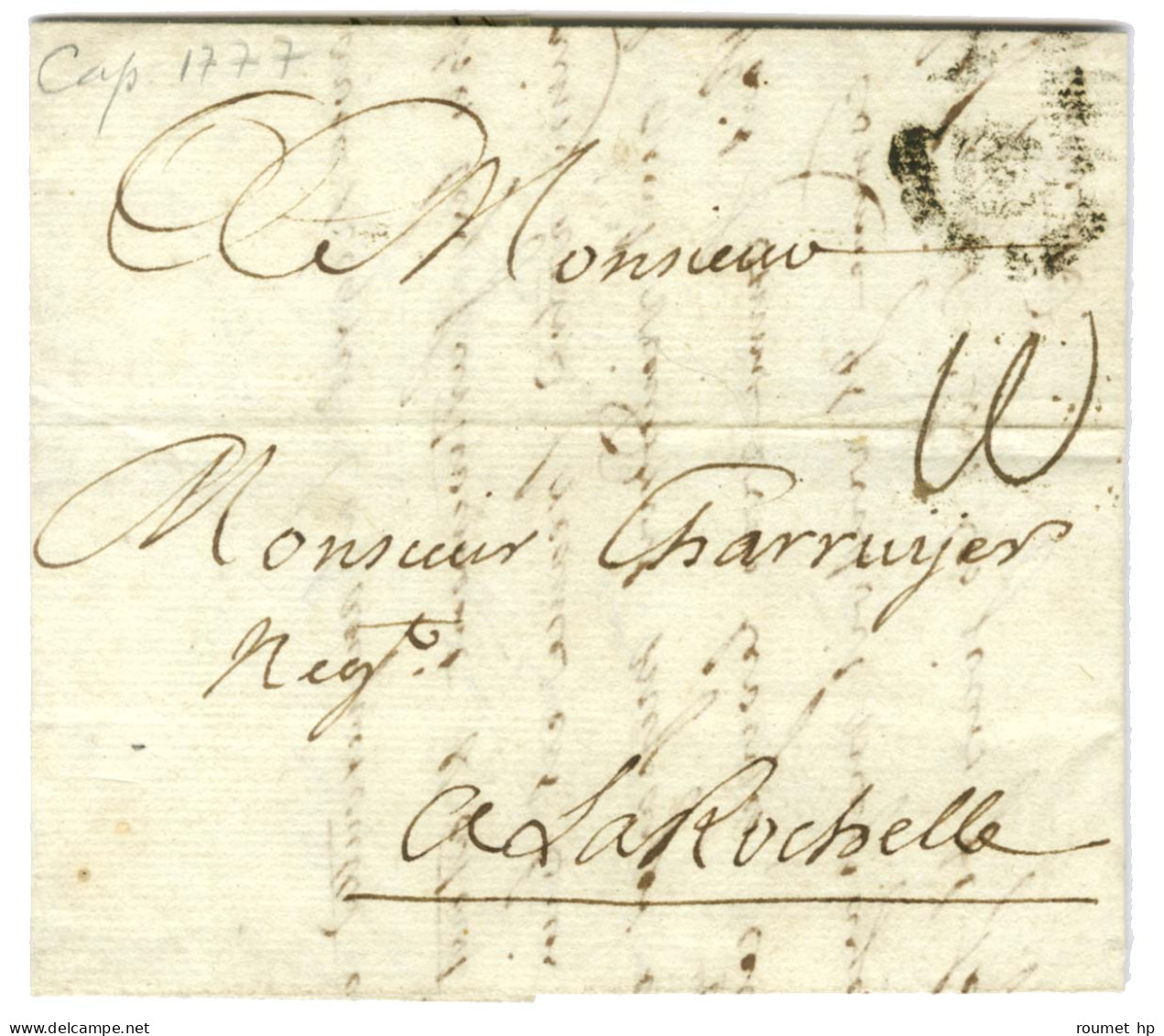 Lettre Avec Texte Daté Du Cap Le 16 Mars 1777 Pour La Rochelle. Au Recto, Marque Postale D'entrée Ornée B / COLONIES. -  - Marques D'entrées