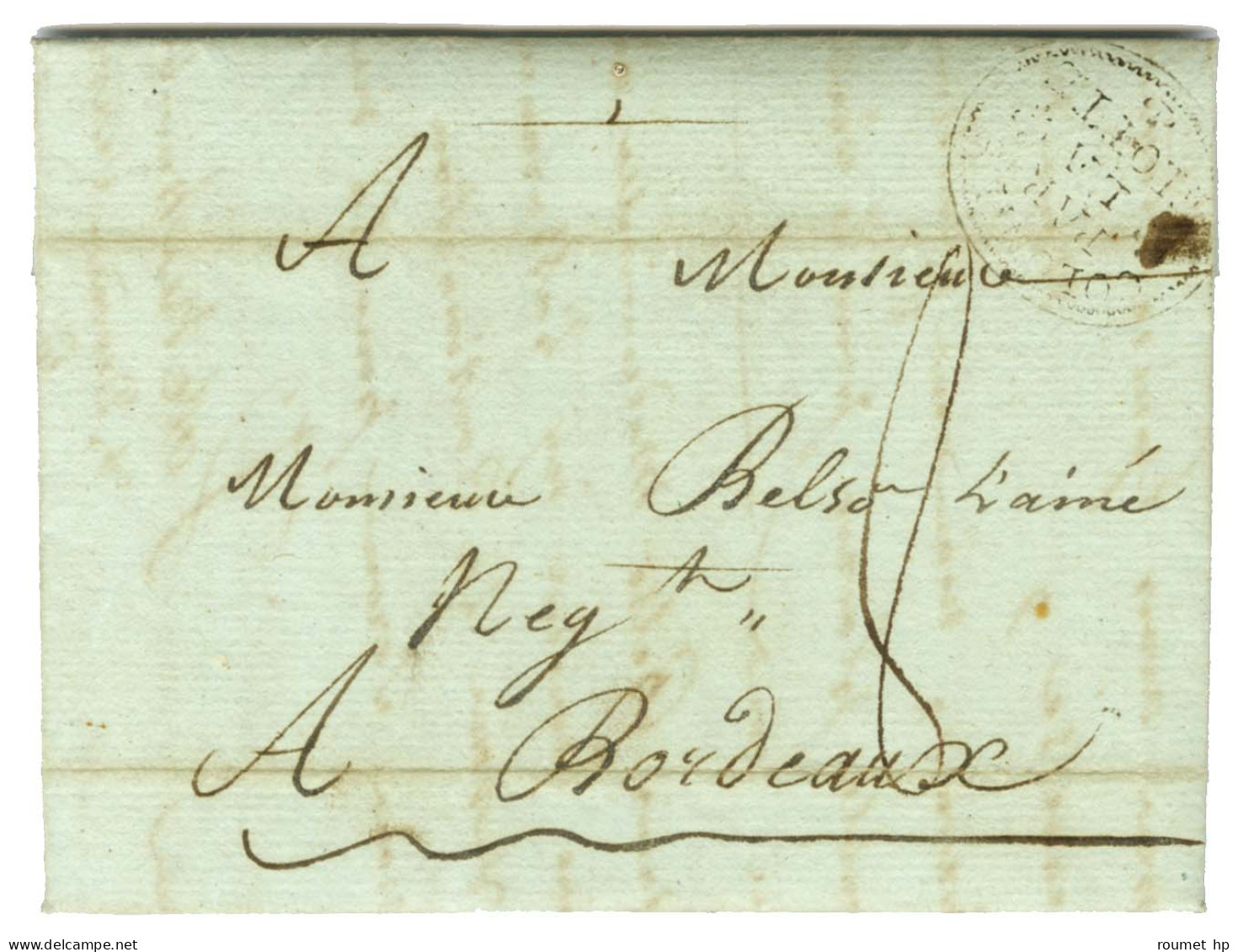 Lettre Avec Texte Daté De Pointe à Pitre Le 10 Janvier 1792 Pour Bordeaux. Au Recto, Marque Postale D'entrée Ornée COLON - Entry Postmarks