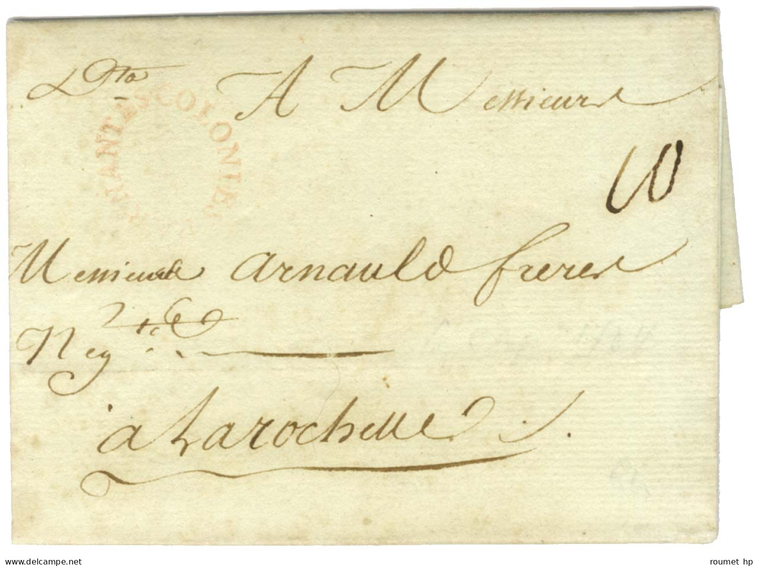 Lettre Avec Texte Daté Du Cap Le 8 Juin 1784 Pour La Rochelle. Au Recto, Marque Postale D'entrée Dans Un Ovale Rouge COL - Marques D'entrées