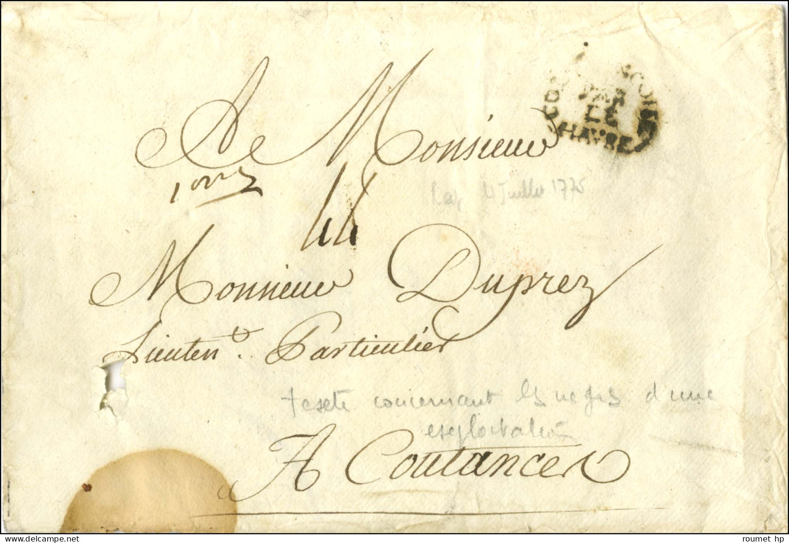 Lettre Avec Très Bon Texte Historique Daté Du Cap Le 4 Juillet 1775 Pour Coutances. Au Recto, Marque Postale D'entrée CO - Entry Postmarks