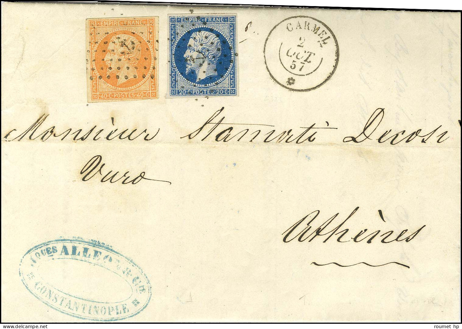 Ancre / N° 14 + N° 16 [les 2 Ex Belles Marges] Càd CARMEL / * Sur Lettre De Constantinople Pour Athènes. 1857. - SUP. -  - Maritime Post