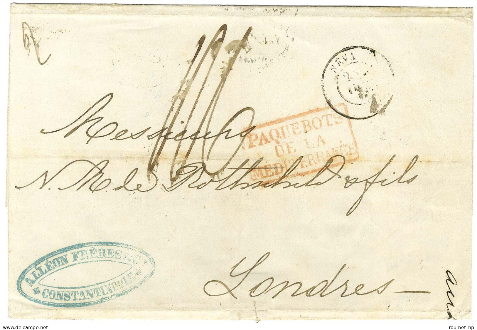 Càd NEVA / * 25 OCT. 60 Sur Lettre 2 Ports De Constantinople Pour Londres. Au Recto, Griffe Rouge Encadrée PAQUEBOTS / D - Maritime Post