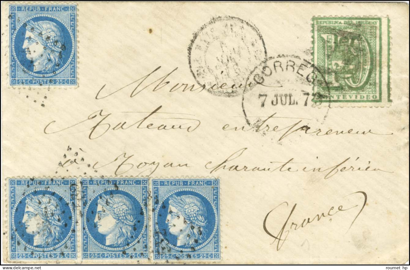 Uruguay 10c Obl + PC Du GC 532 / N° 60 (4) Sur Lettre En Affranchissement Mixte France-Uruguay Pour Royan. 1873. - TB /  - Correo Marítimo