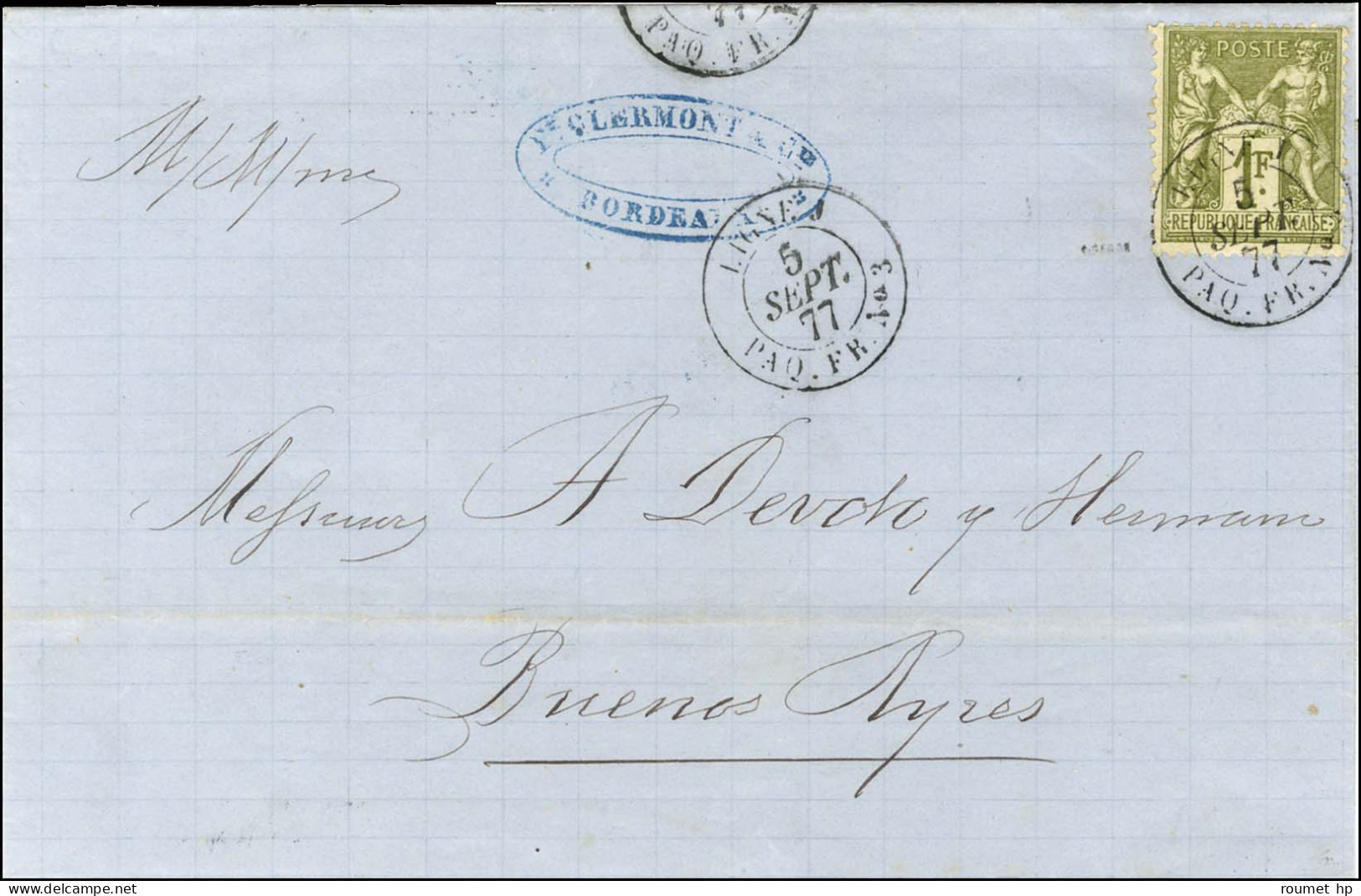 Càd LIGNE J / PAQ. FR N° 3 5 SEPT. 77 / N° 72 Sur Lettre De Bordeaux Pour Buenos Ayres. - SUP. - R. - Posta Marittima