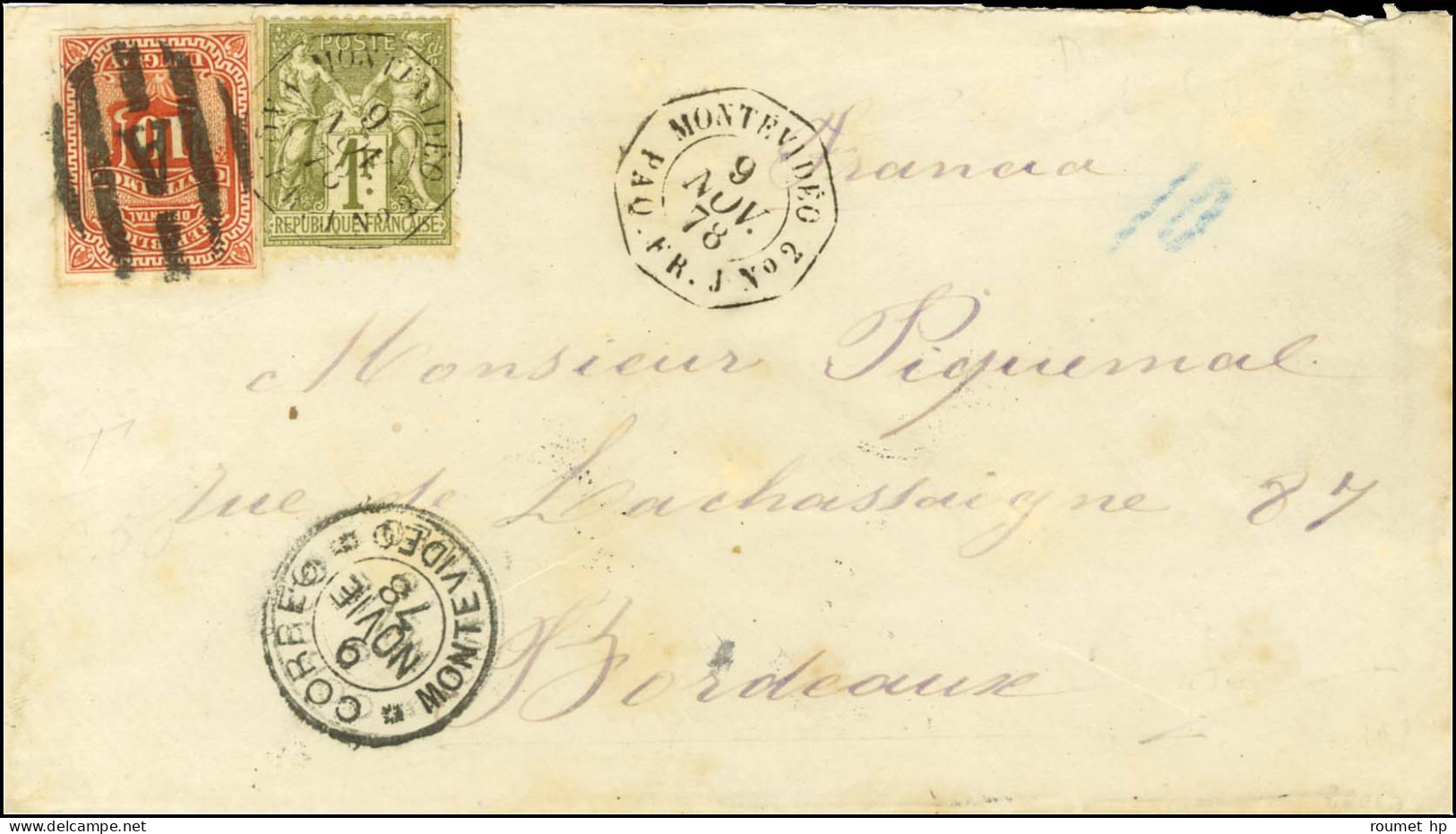 Uruguay N° 41 Obl Càd CORREO / MONTEVIDEO + Càd Octo MONTEVIDEO / PAQ FR J N° 2 / N° 72 Sur Lettre En Affranchissement M - Maritime Post