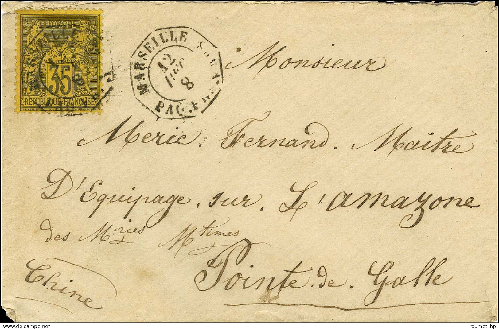 Càd Octo MARSEILLE / PAQ FR N N° 8 / N° 93 Sur Lettre Pour L'Amazone à Pointe De Galle Sans Càd D'arrivée. 1878. - TB /  - Posta Marittima